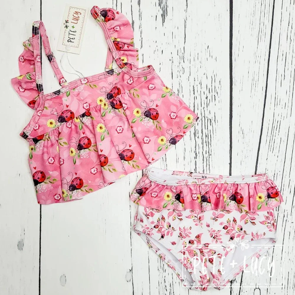 PETE + LUCY 3T Sweet Ladybugs Pink Two PIece Swim Set Size NEW Summer